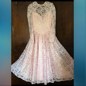 Original Vintage pink lace open back tie neck dress women’s s-m long sleeve